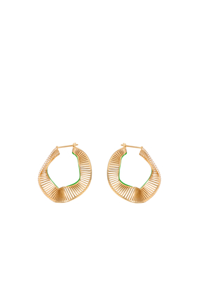 Wave Hoop Earrings, 18k Yellow Gold, Green Enamel & Diamonds